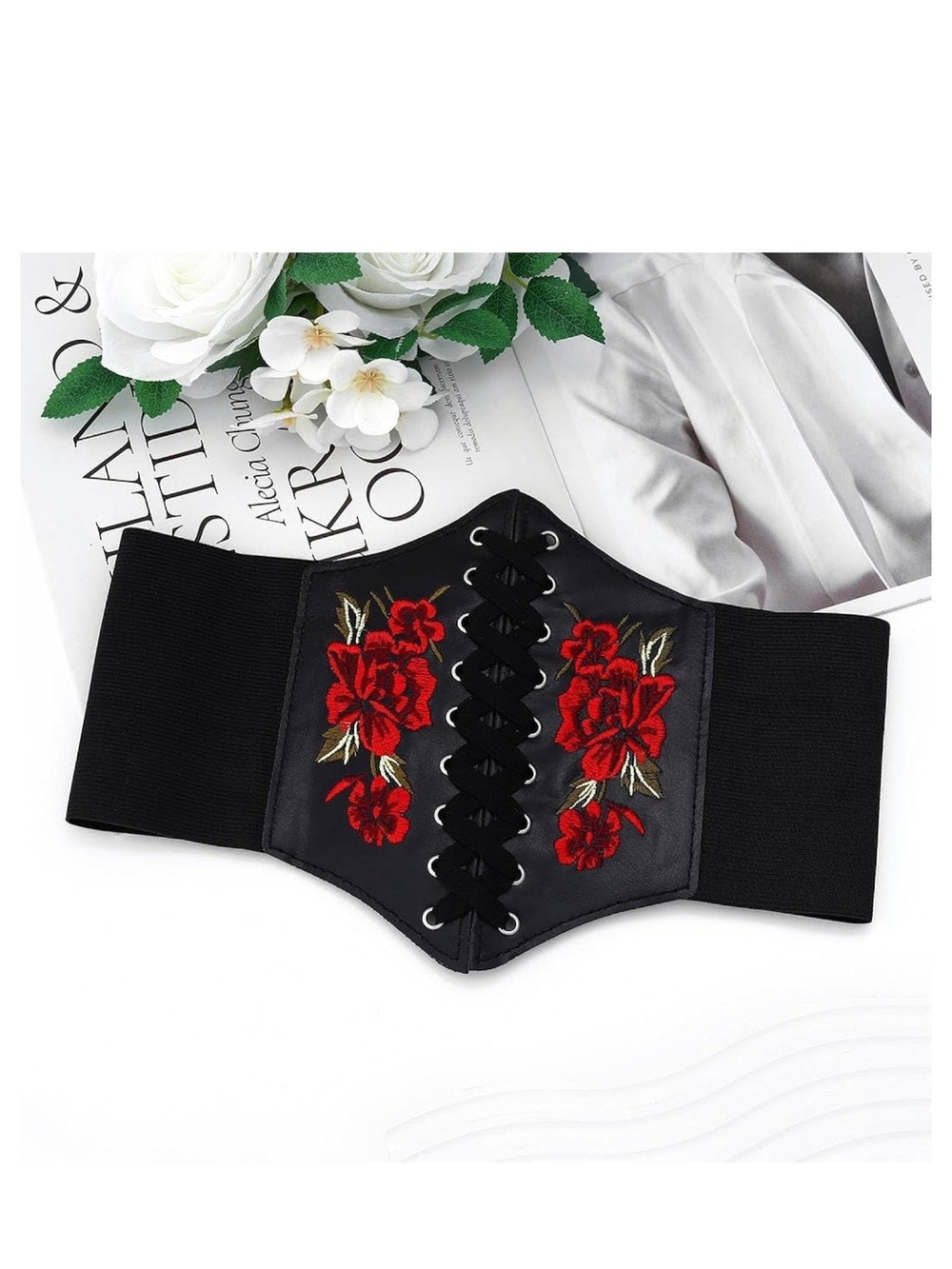 Black Lace-Up Waist Corset Belt with Red Rose Embroidery
